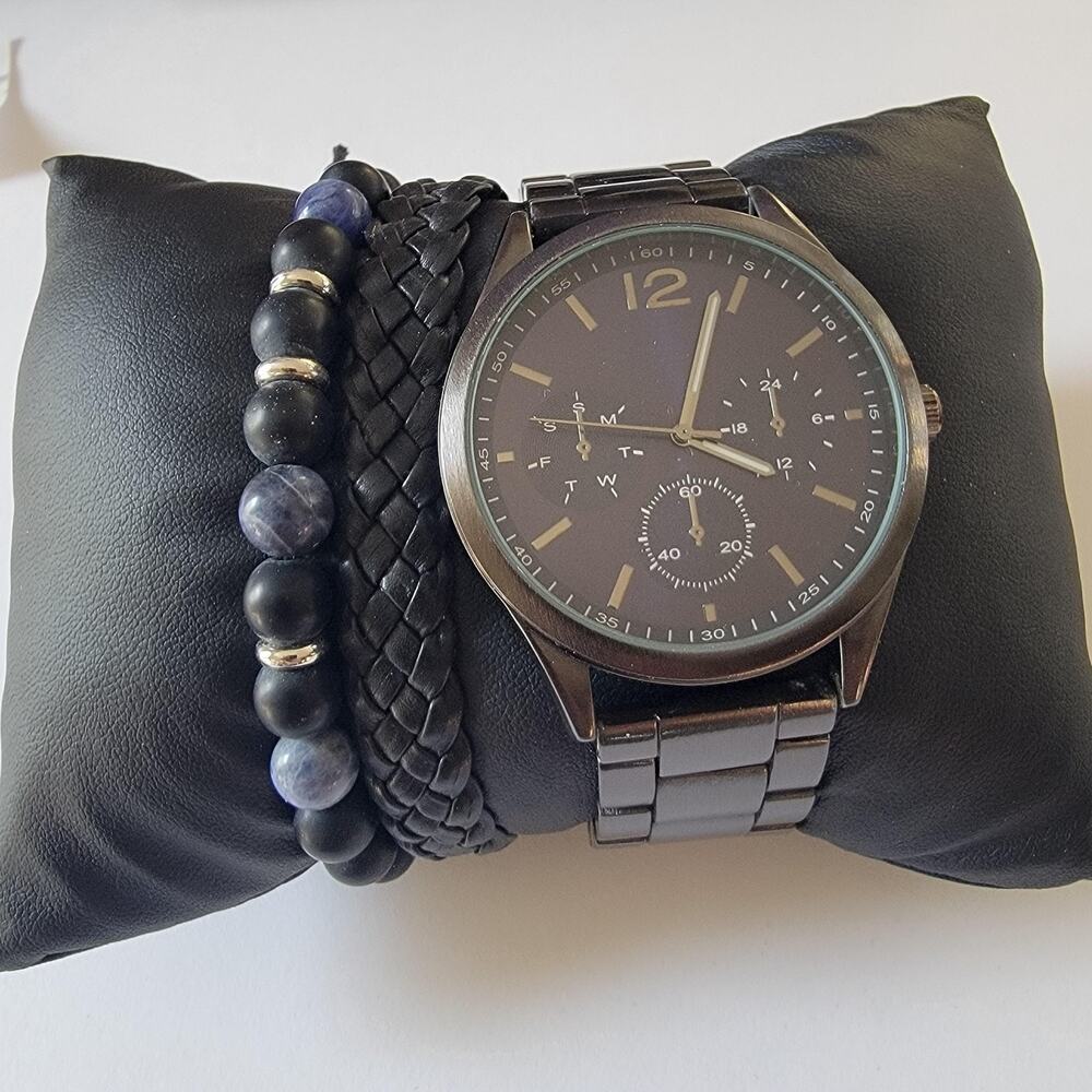 Black Stainless Analog Necklace Watch Bracelet Set Men Casual Jewelry Gift